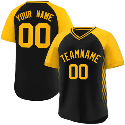 Custom Black Gold Raglan Sleeves Side Spot Authentic Pullover Baseball Jersey