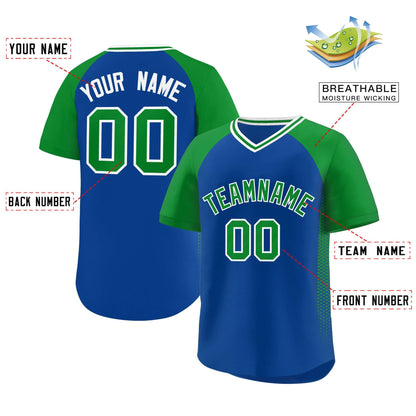 Custom Royal Kelly Green Raglan Sleeves Side Spot Authentic Pullover Baseball Jersey