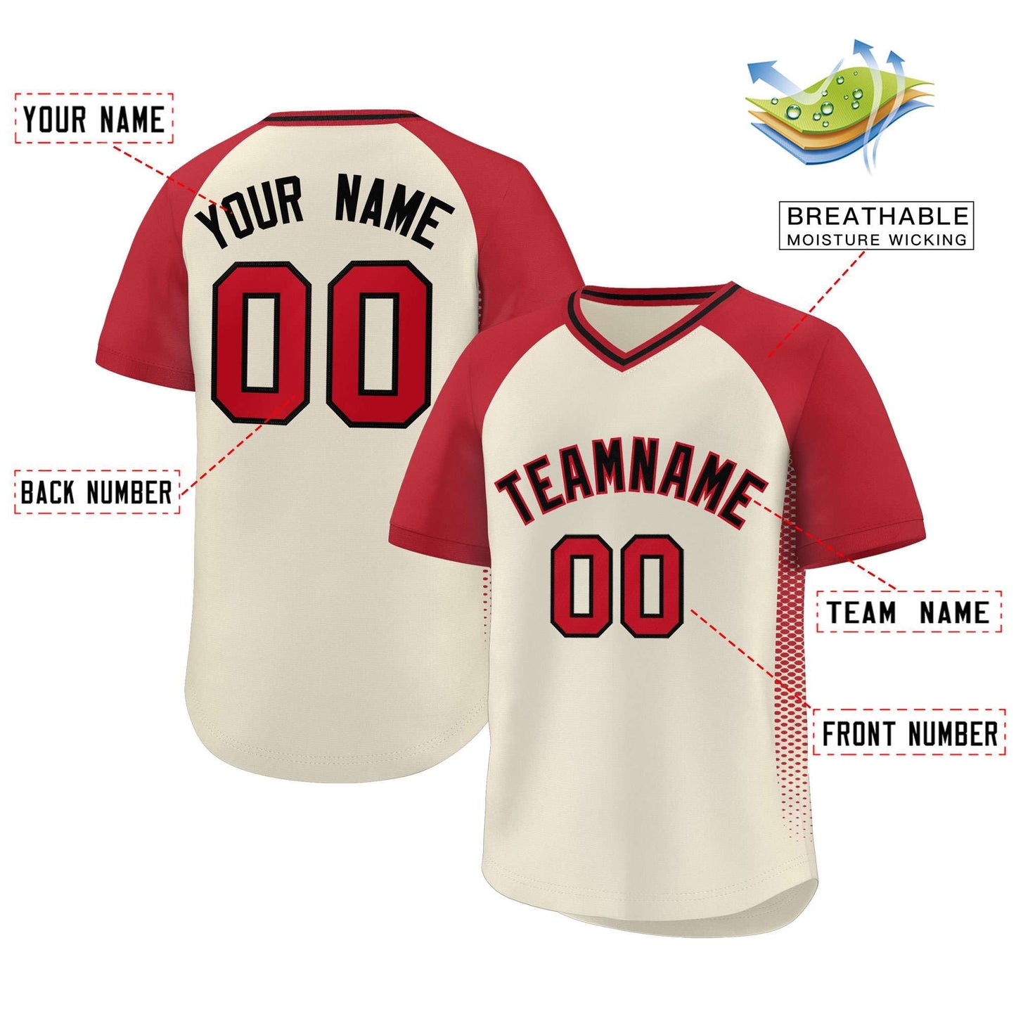 Custom Cream Red Raglan Sleeves Side Spot Authentic Pullover Baseball Jersey