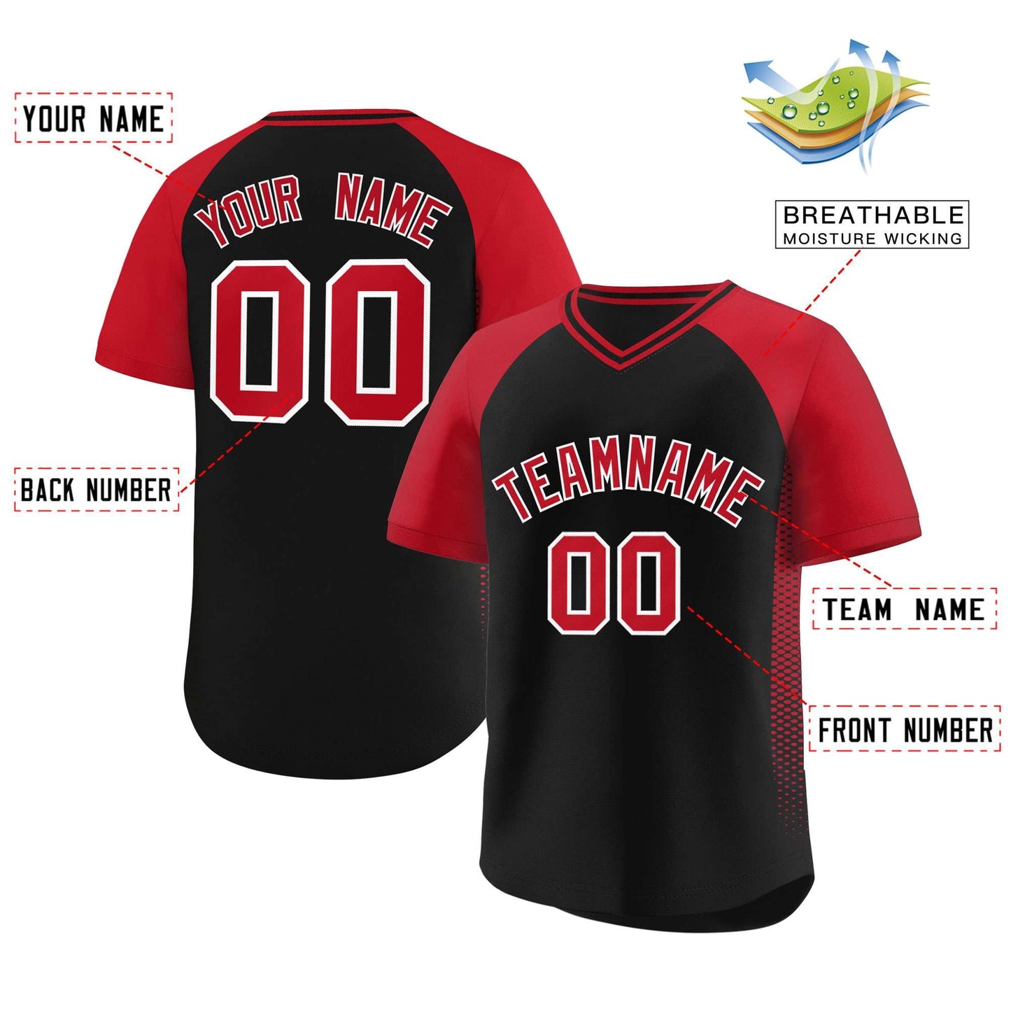 Custom Black Red Raglan Sleeves Side Spot Authentic Pullover Baseball Jersey