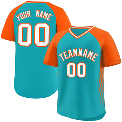 Custom Aqua Orange Raglan Sleeves Side Spot Authentic Pullover Baseball Jersey