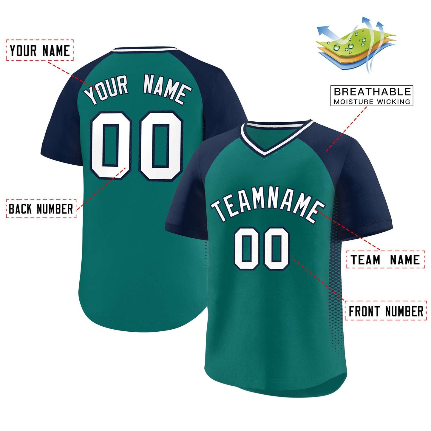 Custom Aqua Navy Raglan Sleeves Side Spot Authentic Pullover Baseball Jersey