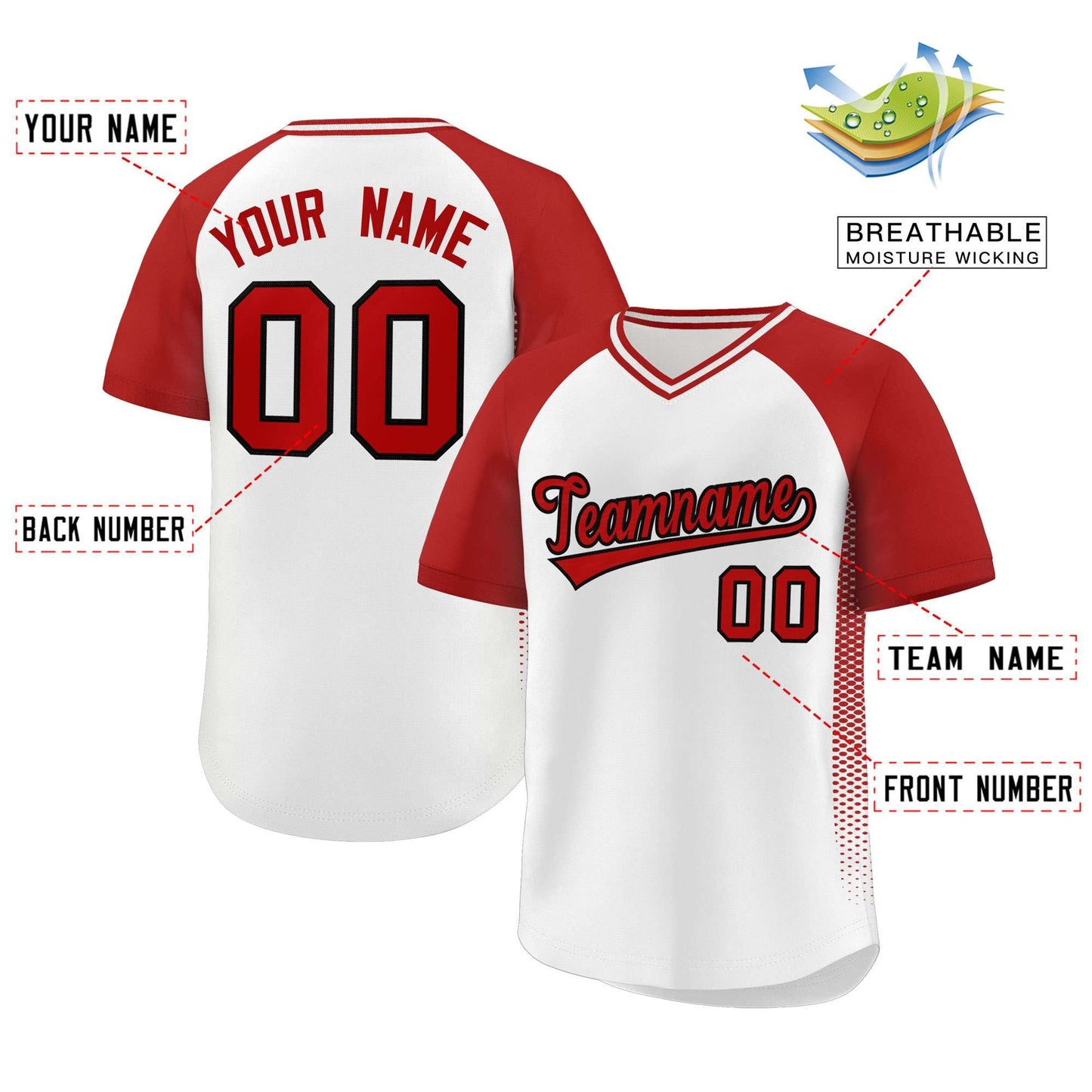 Custom White Red Raglan Sleeves Side Spot Authentic Pullover Baseball Jersey