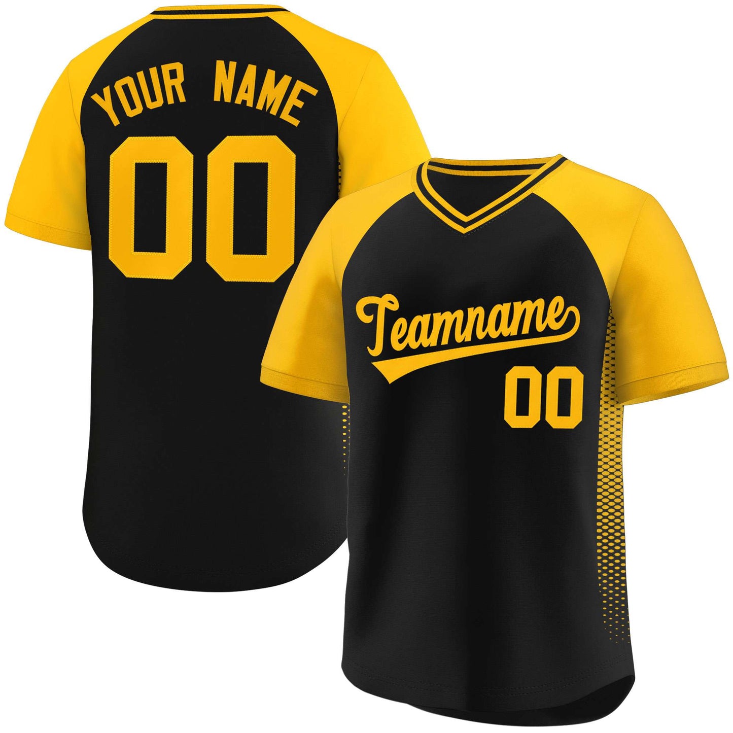 Custom Black Gold Raglan Sleeves Side Spot Authentic Pullover Baseball Jersey