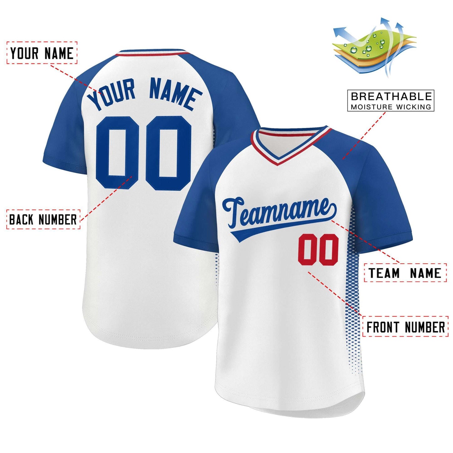 Custom White Royal Raglan Sleeves Side Spot Authentic Pullover Baseball Jersey