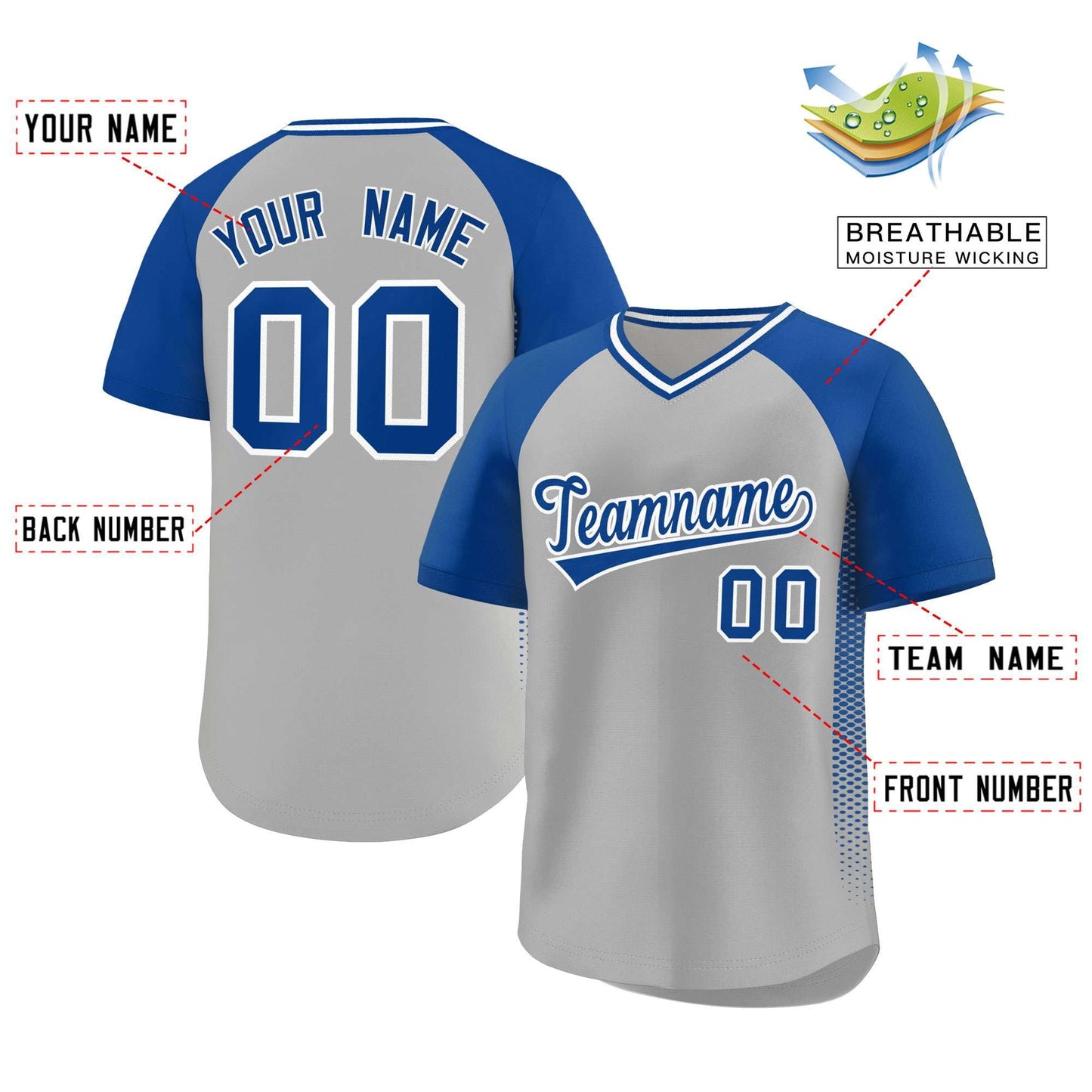 Custom Gray Royal Raglan Sleeves Side Spot Authentic Pullover Baseball Jersey