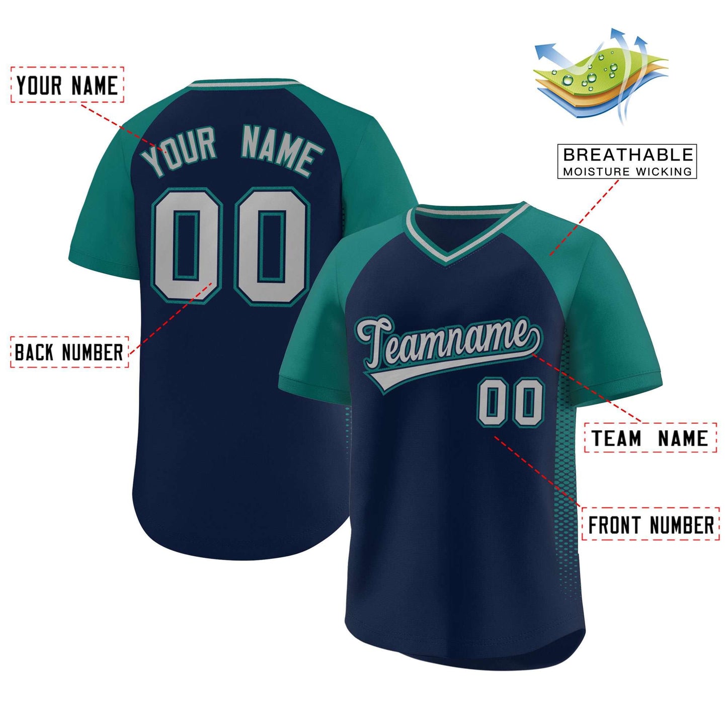 Custom Navy Aqua Raglan Sleeves Side Spot Authentic Pullover Baseball Jersey