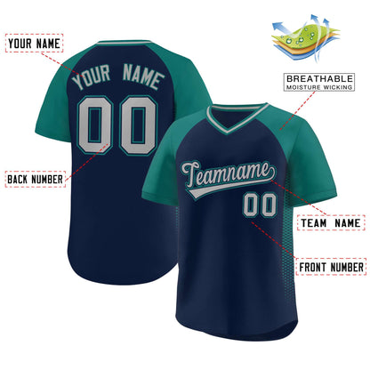 Custom Navy Aqua Raglan Sleeves Side Spot Authentic Pullover Baseball Jersey