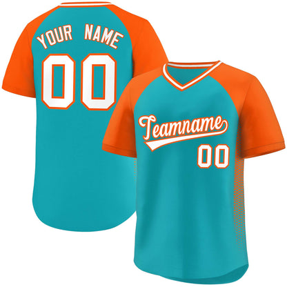 Custom Aqua Orange Raglan Sleeves Side Spot Authentic Pullover Baseball Jersey