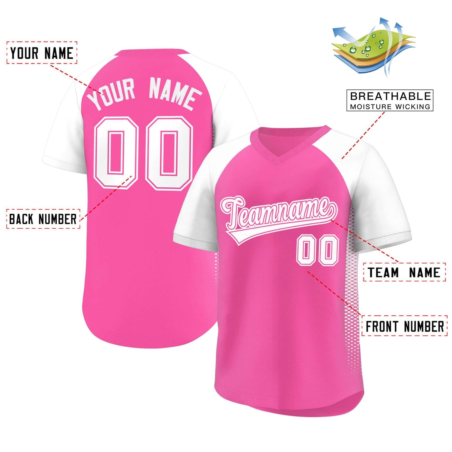 Custom Pink White Raglan Sleeves Side Spot Authentic Pullover Baseball Jersey