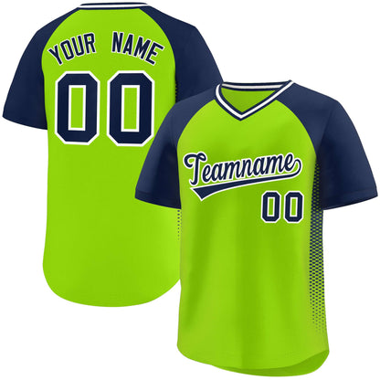 Custom Neon Green Navy Raglan Sleeves Side Spot Authentic Pullover Baseball Jersey