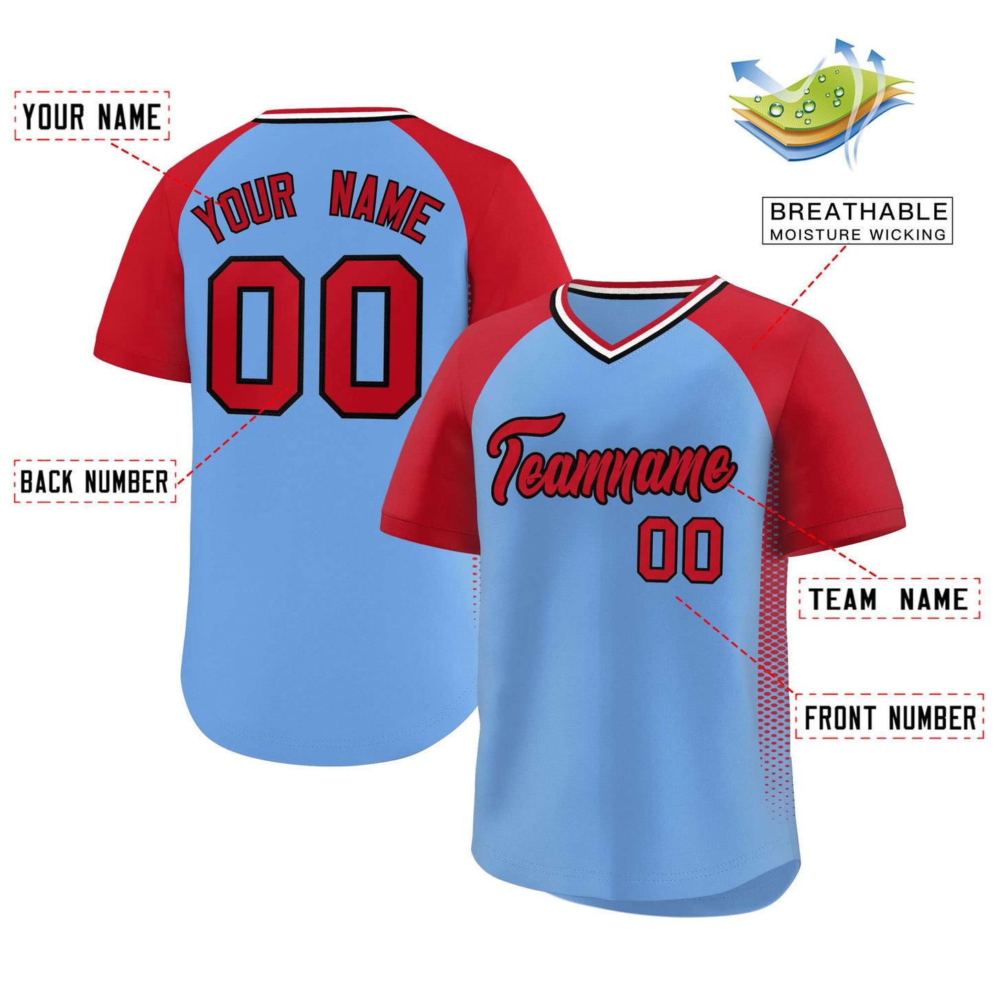 Custom Light Blue Red Raglan Sleeves Side Spot Authentic Pullover Baseball Jersey