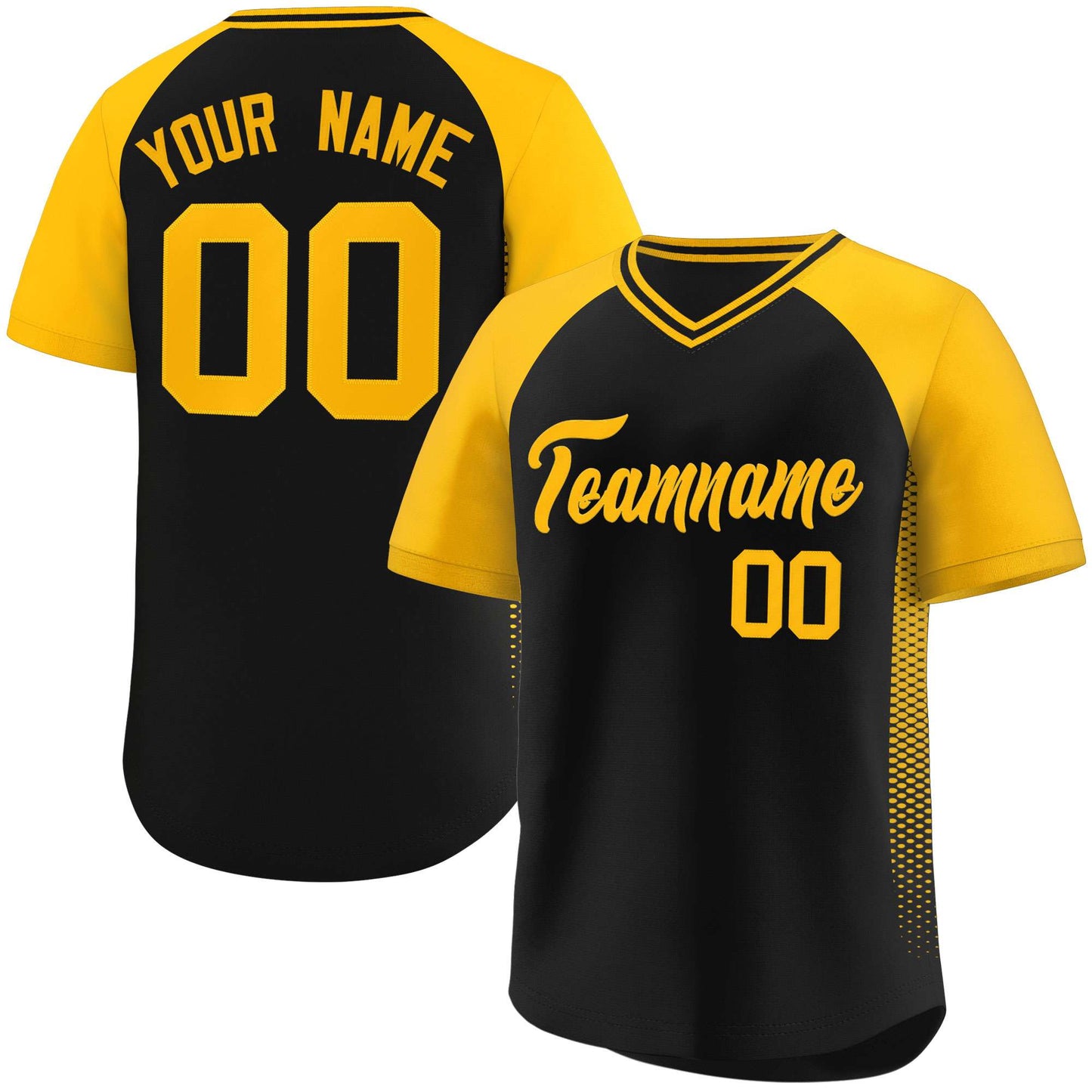 Custom Black Gold Raglan Sleeves Side Spot Authentic Pullover Baseball Jersey