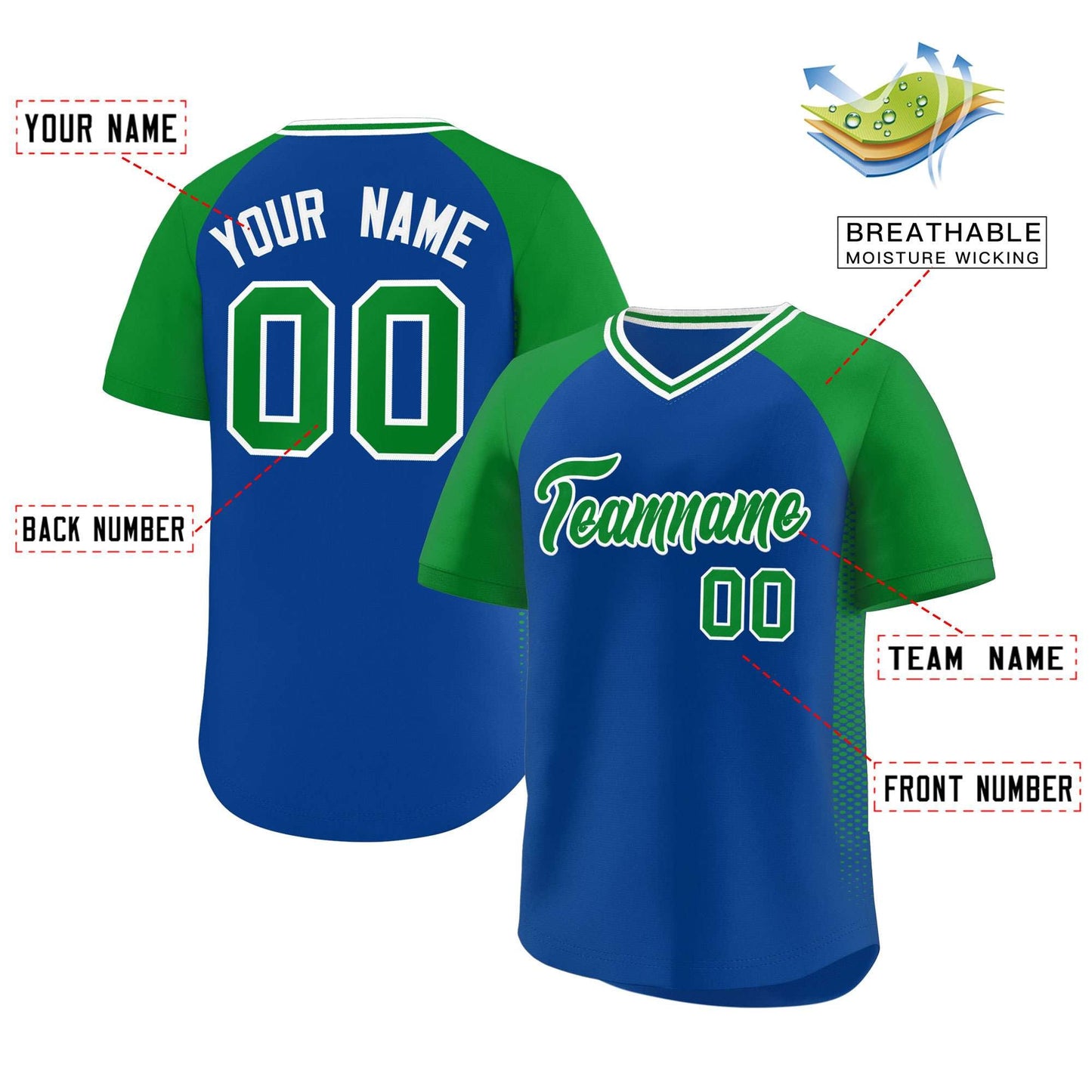 Custom Royal Kelly Green Raglan Sleeves Side Spot Authentic Pullover Baseball Jersey