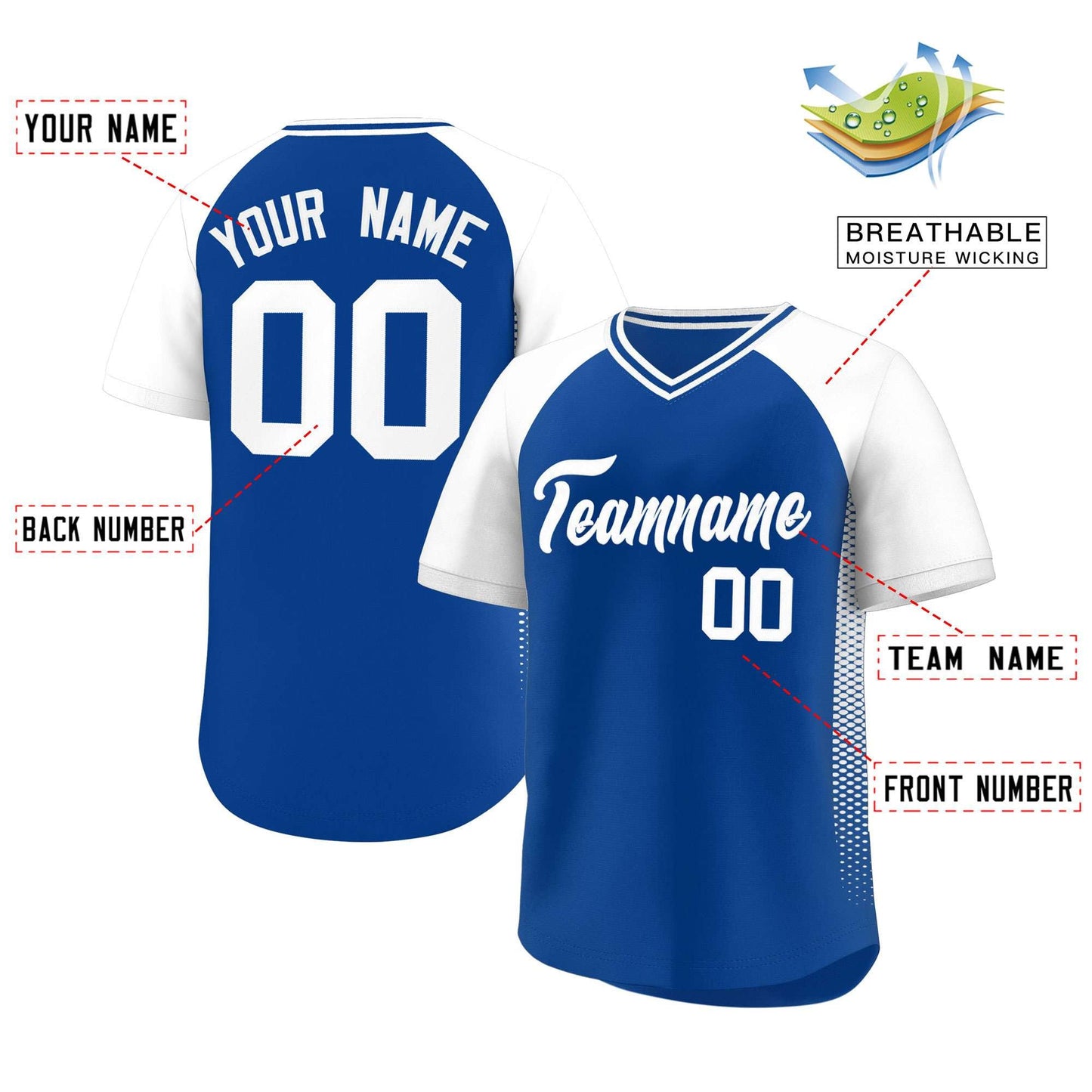 Custom Royal White Raglan Sleeves Side Spot Authentic Pullover Baseball Jersey