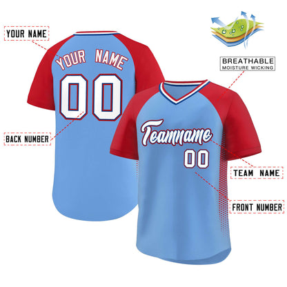 Custom Light Blue Red Raglan Sleeves Side Spot Authentic Pullover Baseball Jersey