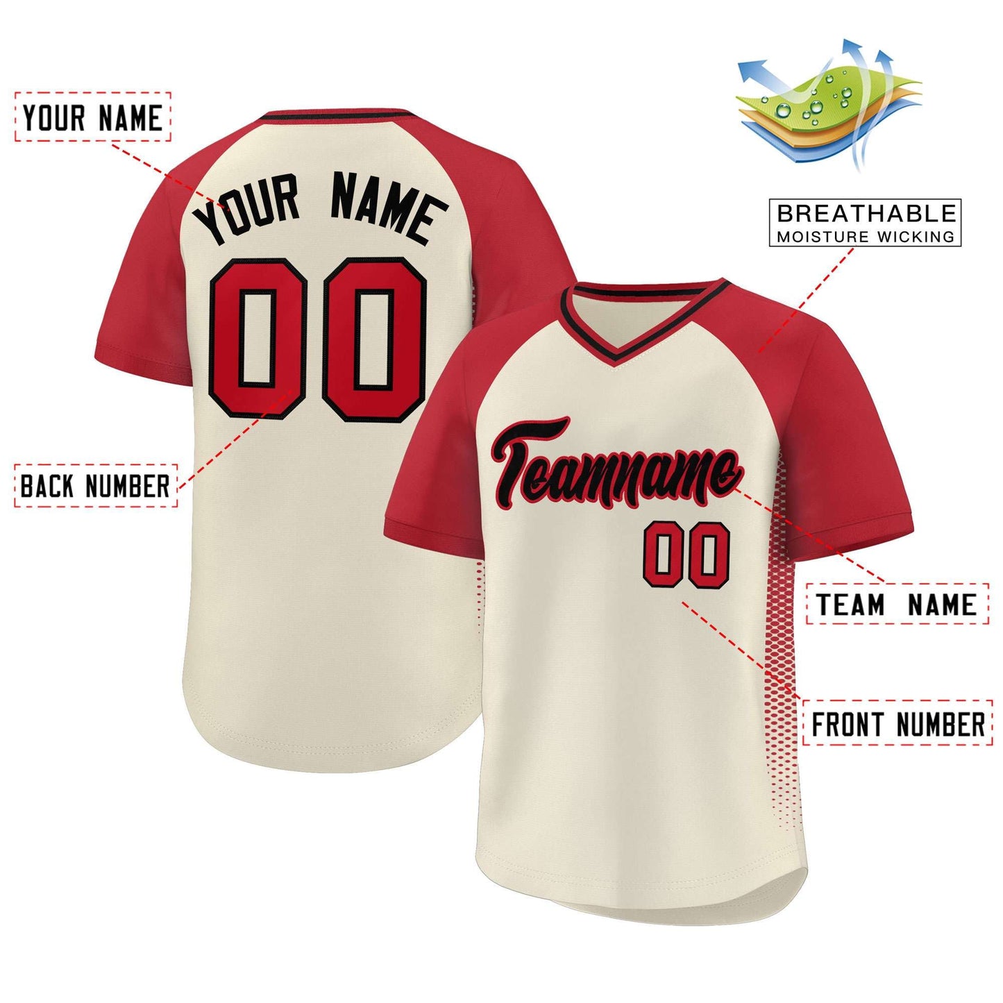 Custom Cream Red Raglan Sleeves Side Spot Authentic Pullover Baseball Jersey