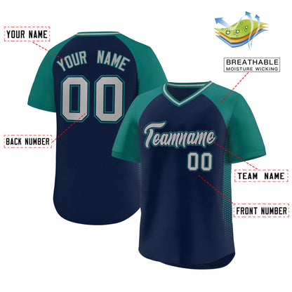 Custom Navy Aqua Raglan Sleeves Side Spot Authentic Pullover Baseball Jersey