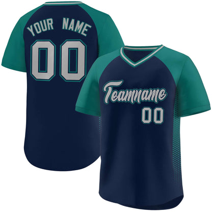 Custom Navy Aqua Raglan Sleeves Side Spot Authentic Pullover Baseball Jersey