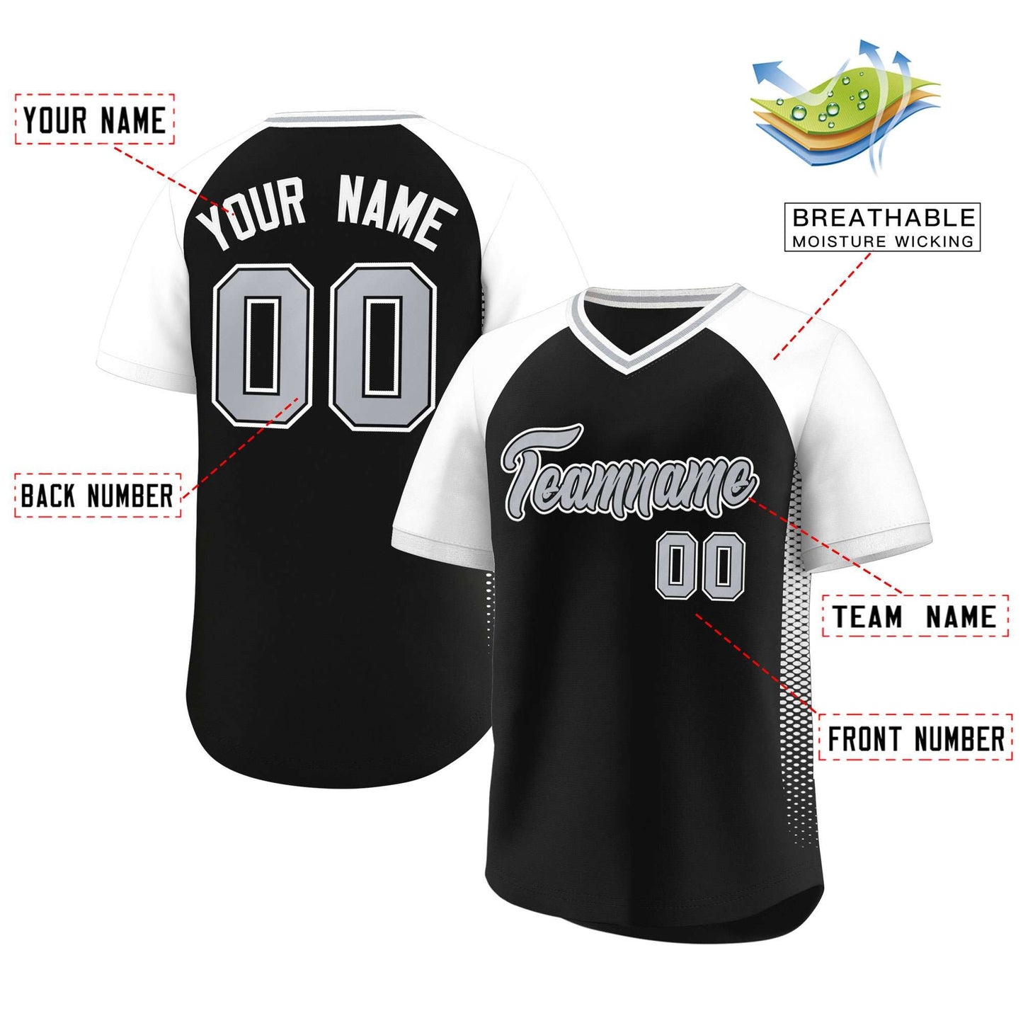 Custom Black White Raglan Sleeves Side Spot Authentic Pullover Baseball Jersey