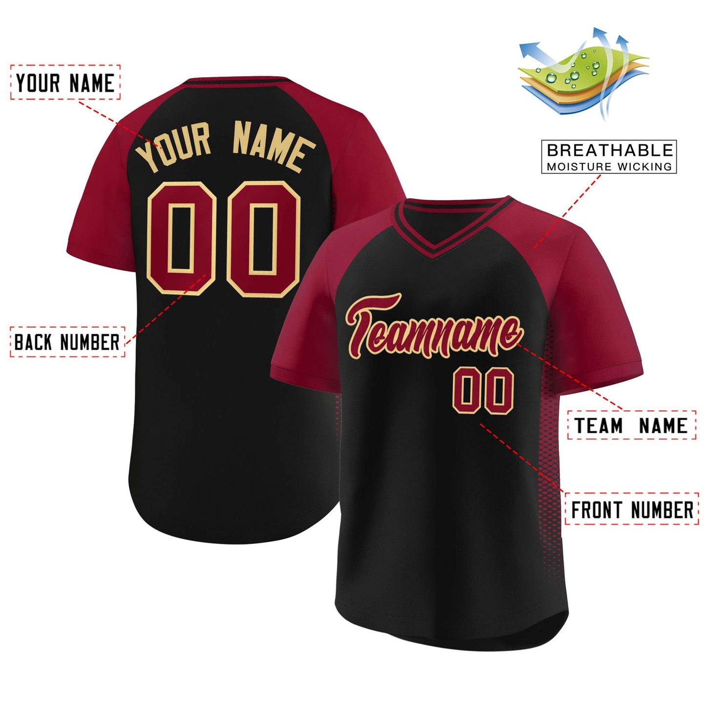 Custom Black Crimson Raglan Sleeves Side Spot Authentic Pullover Baseball Jersey