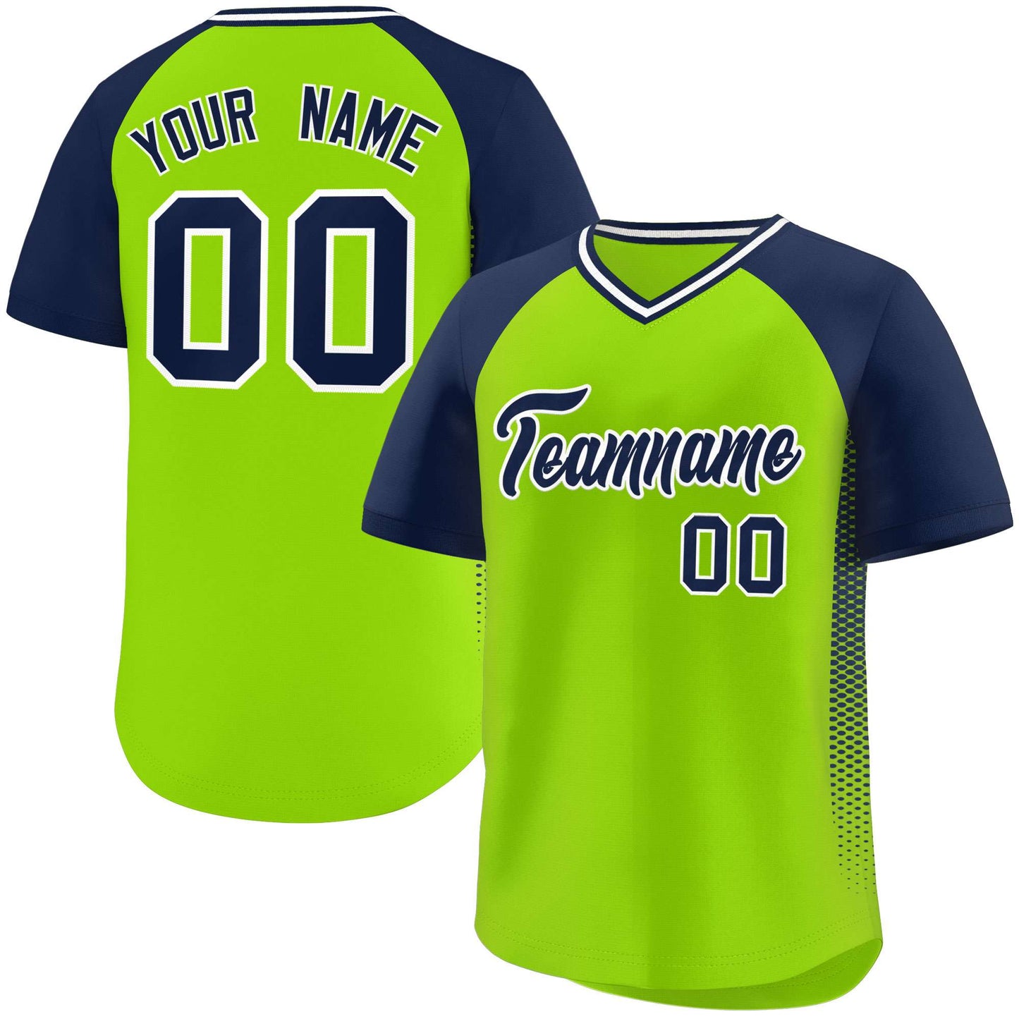 Custom Neon Green Navy Raglan Sleeves Side Spot Authentic Pullover Baseball Jersey