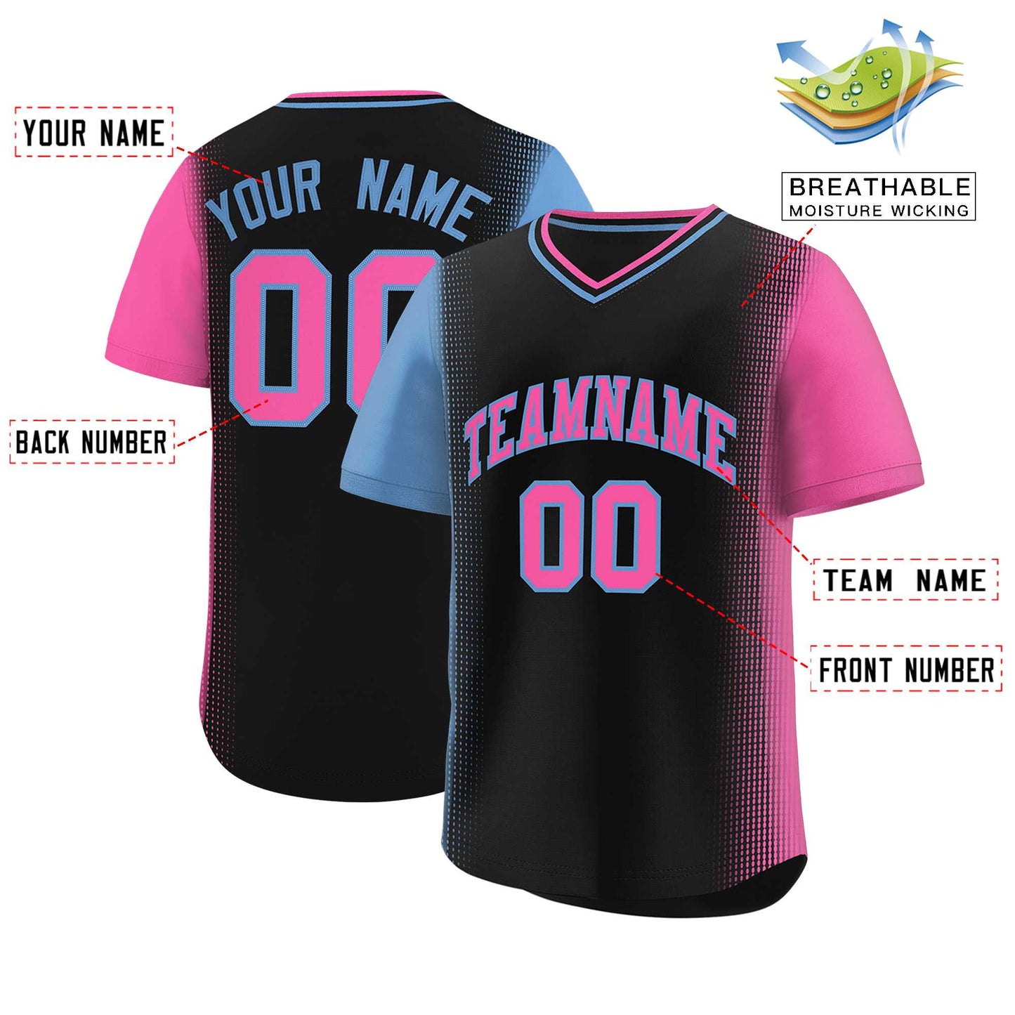 Custom Black Light Blue-Pink Personalized Raglan Sleeves Authentic Pullover Baseball Jersey