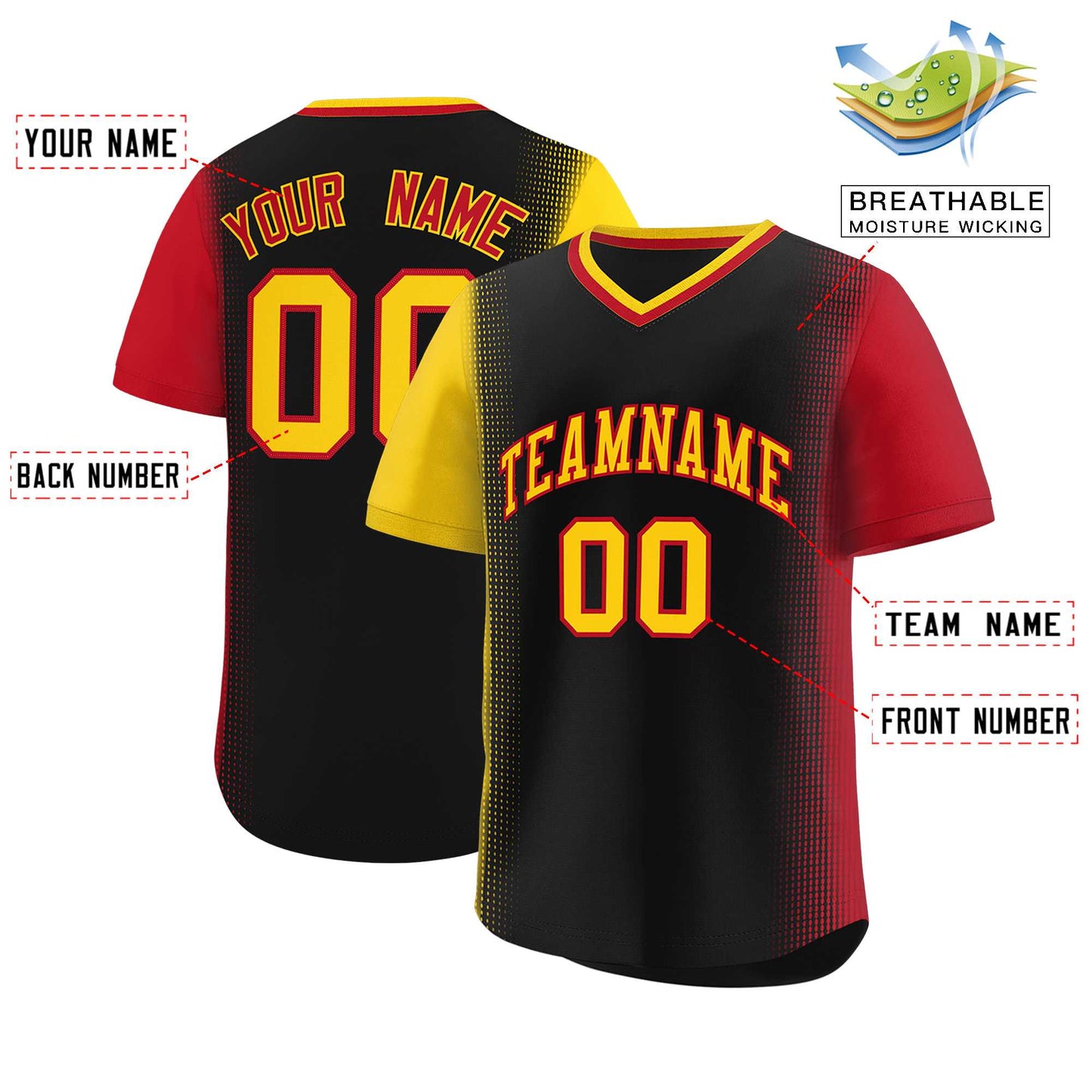 Custom Black Gold-Red Personalized Raglan Sleeves Authentic Pullover Baseball Jersey