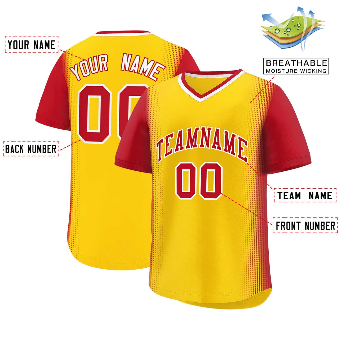 Custom Gold Red Personalized Raglan Sleeves Authentic Pullover Baseball Jersey