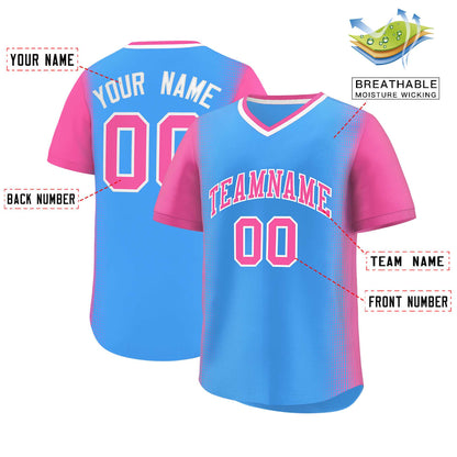 Custom Powder Blue Pink Personalized Raglan Sleeves Authentic Pullover Baseball Jersey