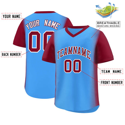 Custom Powder Blue Crimson Personalized Raglan Sleeves Authentic Pullover Baseball Jersey