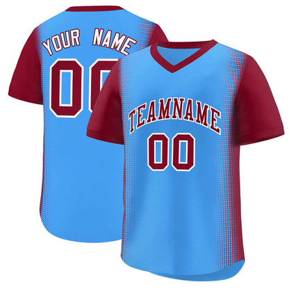 Custom Powder Blue Crimson Personalized Raglan Sleeves Authentic Pullover Baseball Jersey