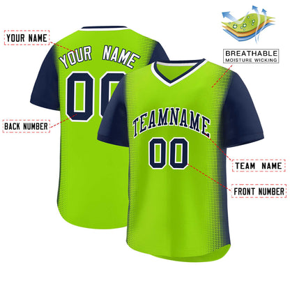 Custom Neon Green Navy Personalized Raglan Sleeves Authentic Pullover Baseball Jersey