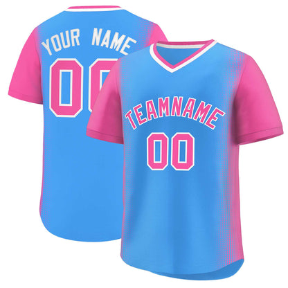 Custom Powder Blue Pink Personalized Raglan Sleeves Authentic Pullover Baseball Jersey