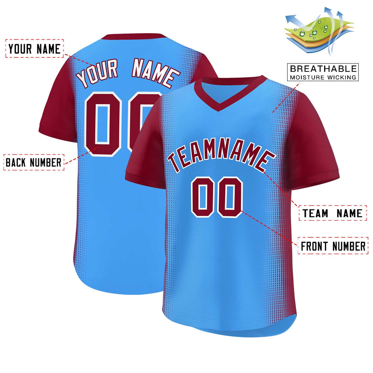 Custom Powder Blue Crimson Personalized Raglan Sleeves Authentic Pullover Baseball Jersey