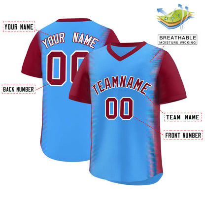 Custom Powder Blue Crimson Personalized Raglan Sleeves Authentic Pullover Baseball Jersey