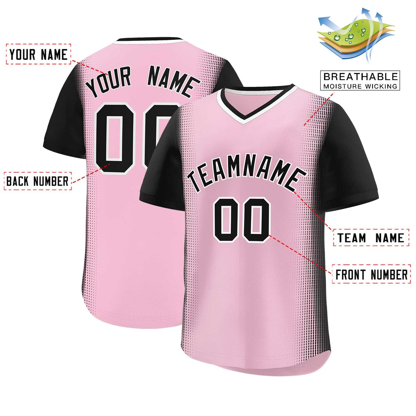 Custom Light Pink Black Personalized Raglan Sleeves Authentic Pullover Baseball Jersey