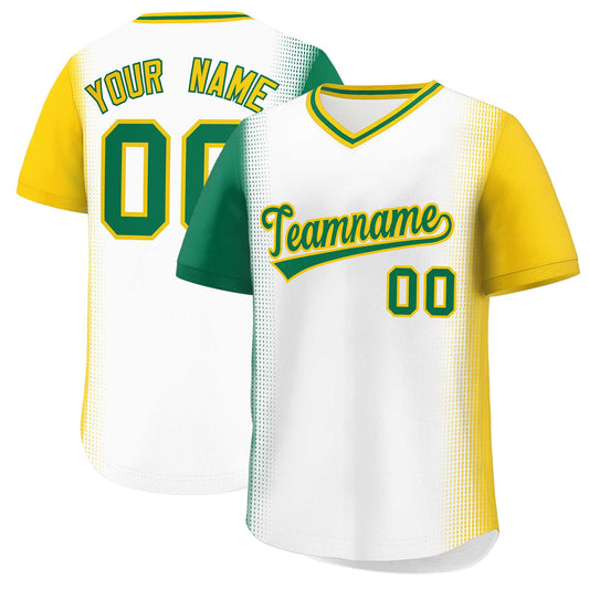 Custom White Kelly Green-Gold Personalized Raglan Sleeves Authentic Pullover Baseball Jersey