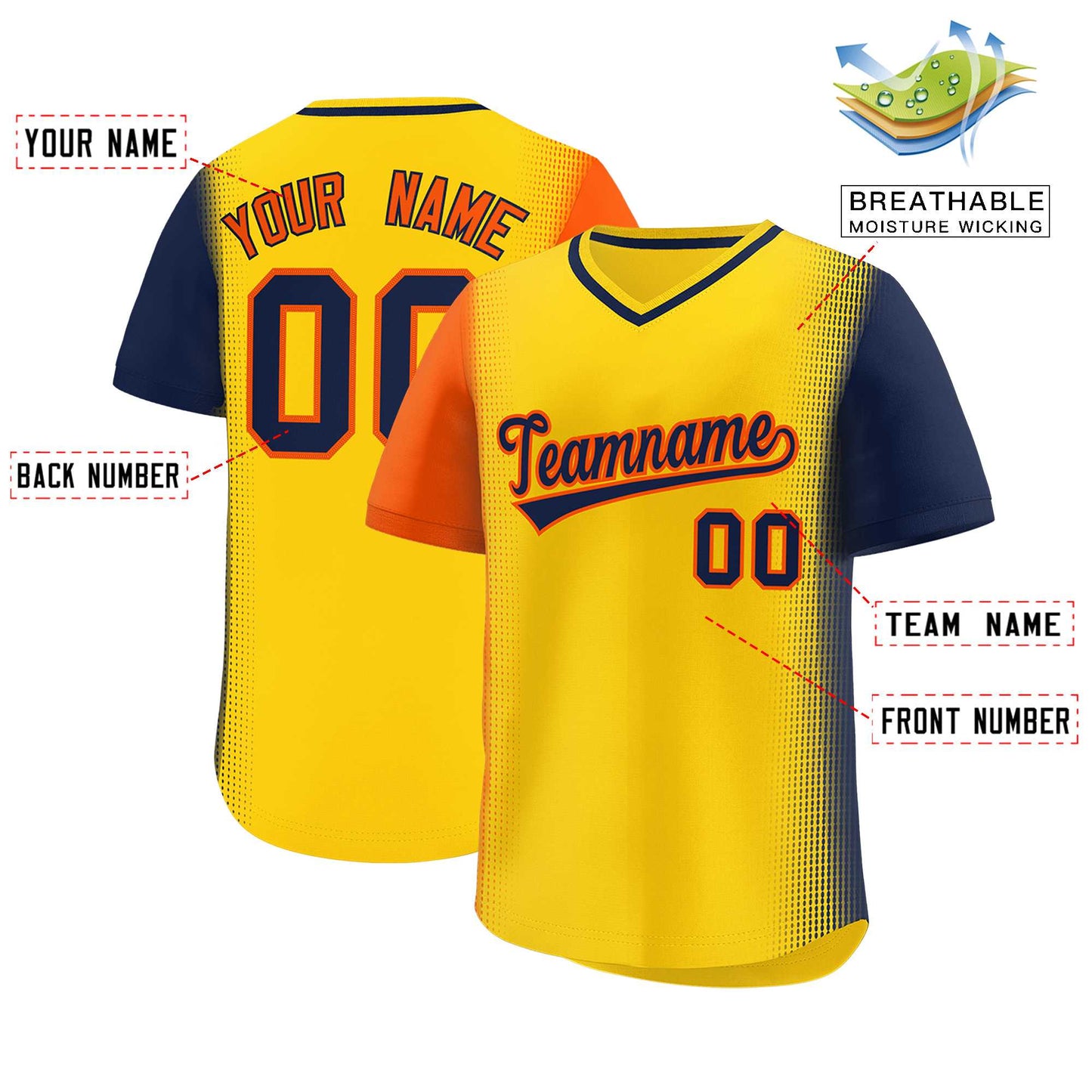 Custom Gold Orange-Navy Personalized Raglan Sleeves Authentic Pullover Baseball Jersey