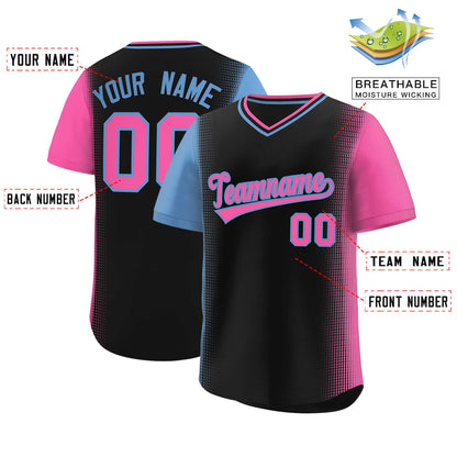 Custom Black Light Blue-Pink Personalized Raglan Sleeves Authentic Pullover Baseball Jersey