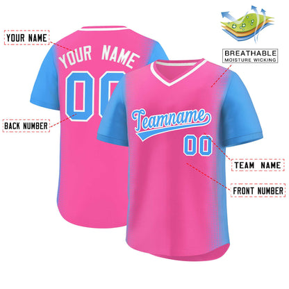 Custom Pink Powder Blue Personalized Raglan Sleeves Authentic Pullover Baseball Jersey