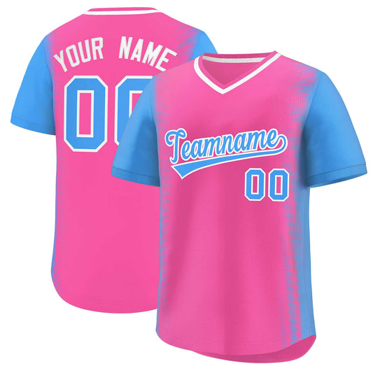 Custom Pink Powder Blue Personalized Raglan Sleeves Authentic Pullover Baseball Jersey