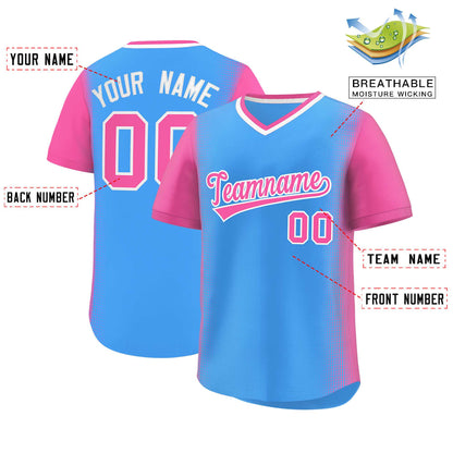 Custom Powder Blue Pink Personalized Raglan Sleeves Authentic Pullover Baseball Jersey