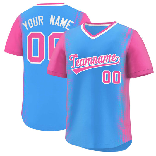 Custom Powder Blue Pink Personalized Raglan Sleeves Authentic Pullover Baseball Jersey