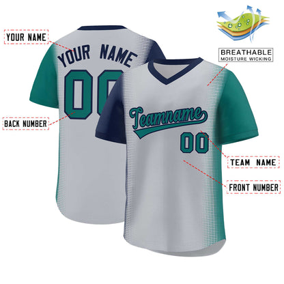 Custom Gray Navy-Aqua Personalized Raglan Sleeves Authentic Pullover Baseball Jersey