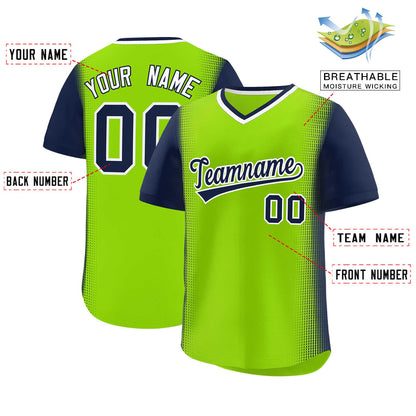 Custom Neon Green Navy Personalized Raglan Sleeves Authentic Pullover Baseball Jersey