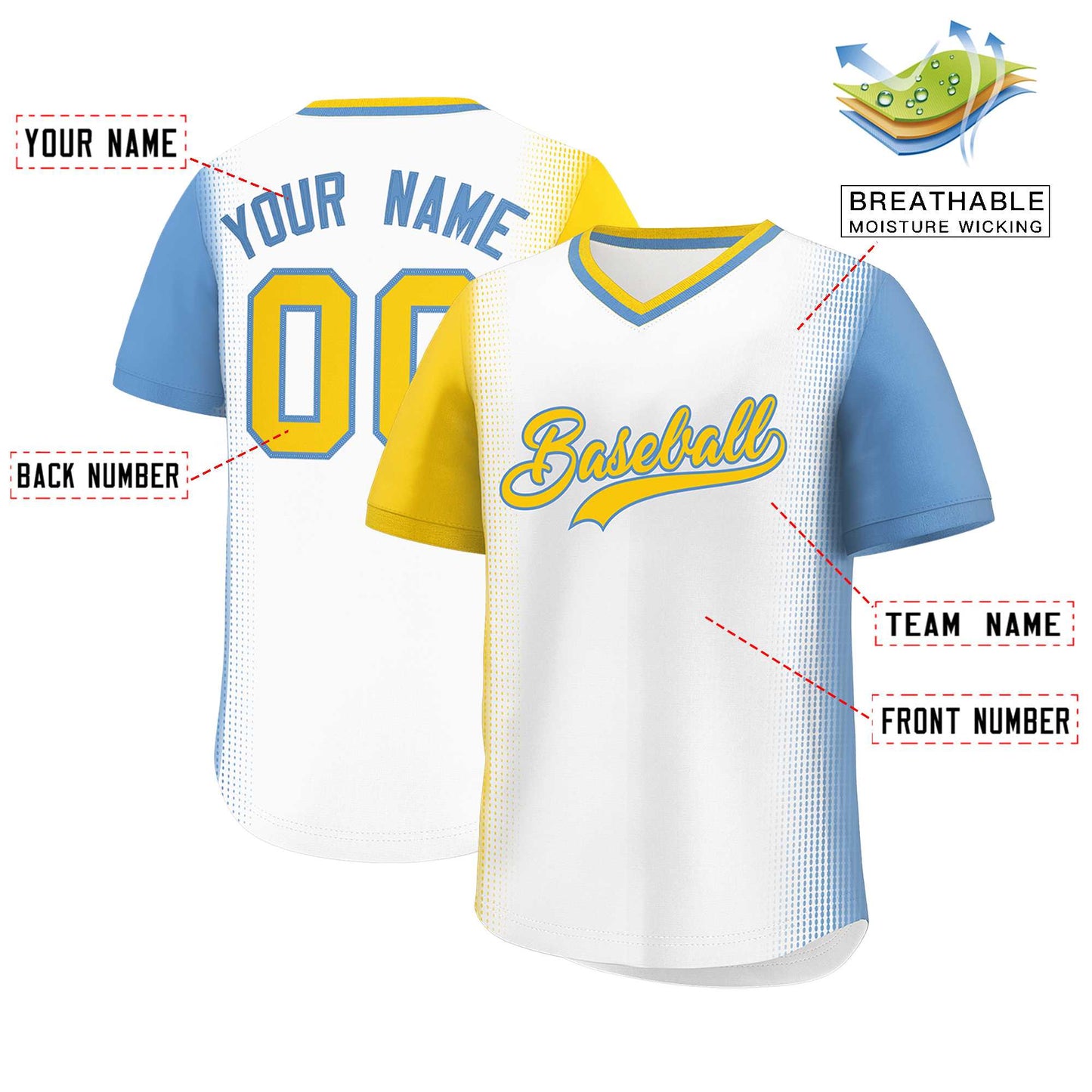 Custom White Gold-Light Blue Personalized Raglan Sleeves Authentic Pullover Baseball Jersey