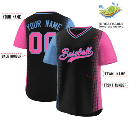 Custom Black Light Blue-Pink Personalized Raglan Sleeves Authentic Pullover Baseball Jersey