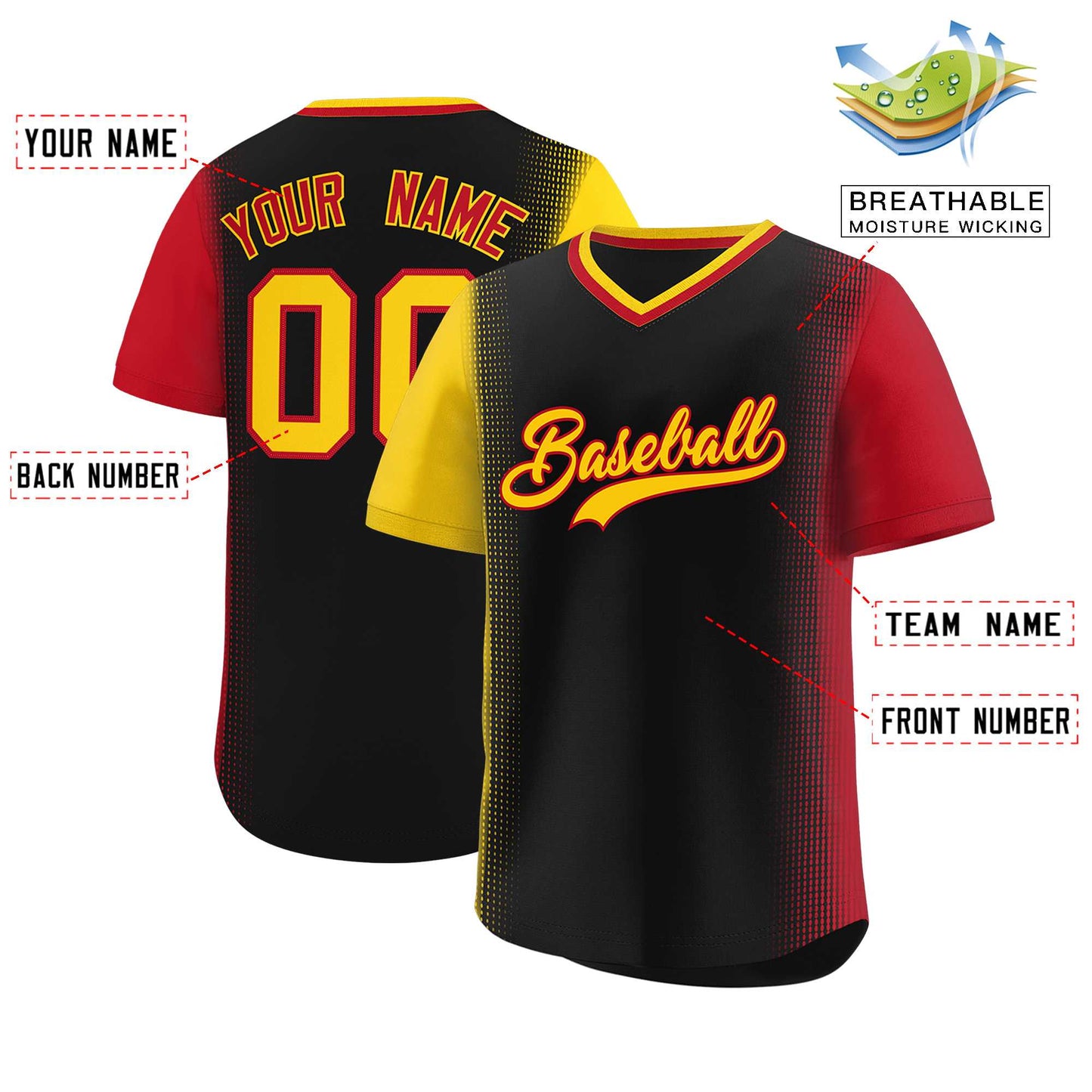 Custom Black Gold-Red Personalized Raglan Sleeves Authentic Pullover Baseball Jersey