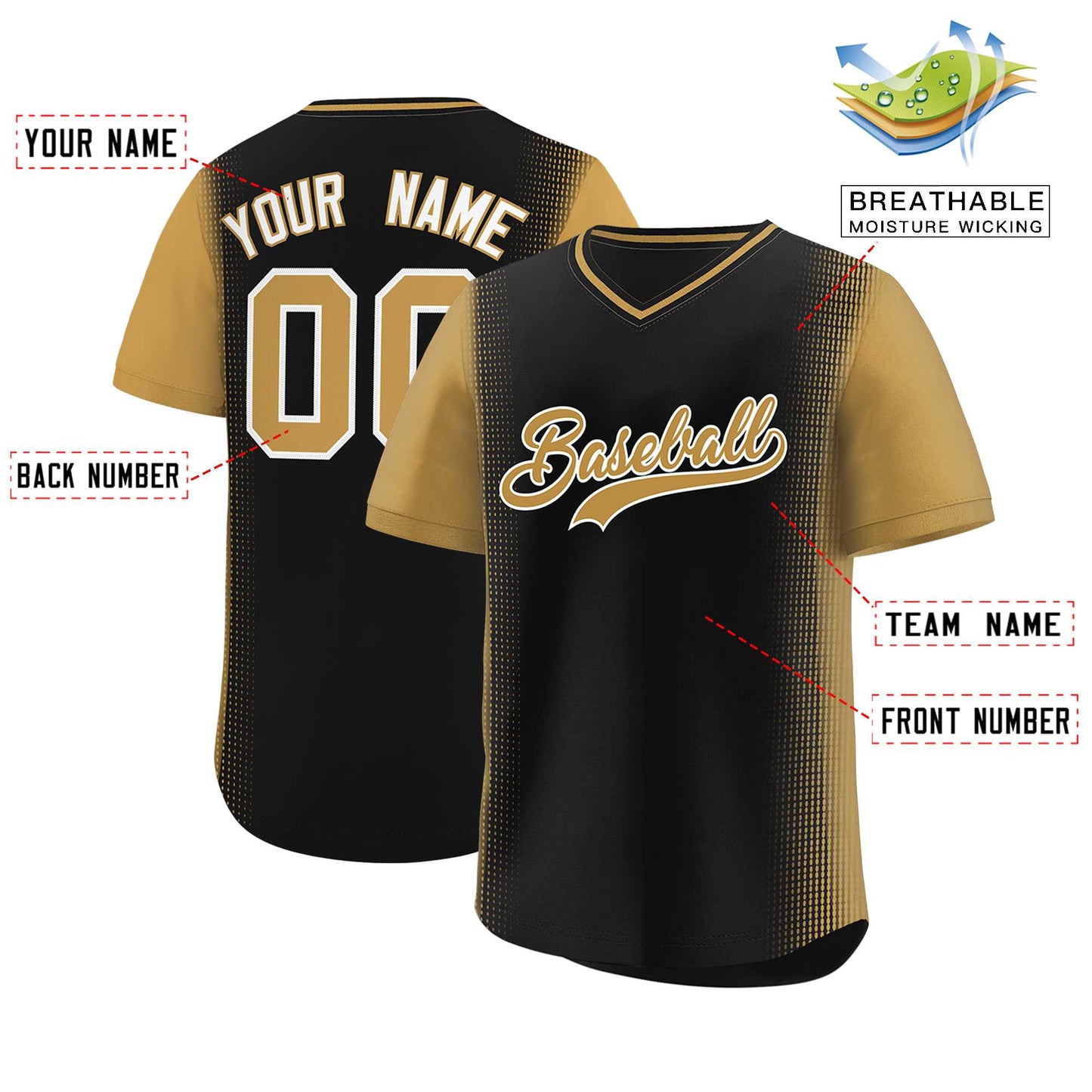 Custom Black Old Gold Personalized Raglan Sleeves Authentic Pullover Baseball Jersey